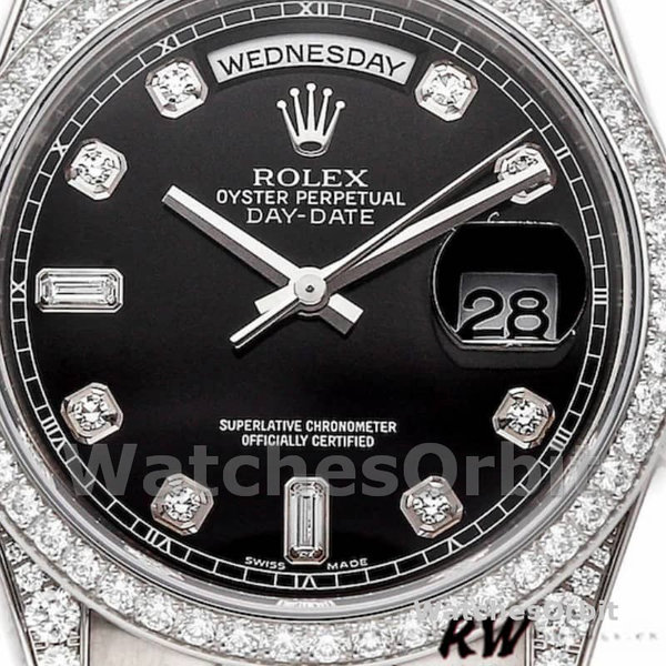 Replica Rolex Day-Date 36mm Unisex-118389-Witgoud-Zwarte Diamanten Wijzerplaat Zwart<br />