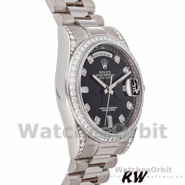 Replica Rolex Day-Date 36mm Unisex-118389-Witgoud-Zwarte Diamanten Wijzerplaat Zwart<br />