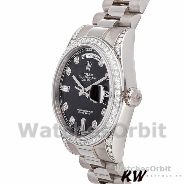 Replica Rolex Day-Date 36mm Unisex-118389-Witgoud-Zwarte Diamanten Wijzerplaat Zwart<br />