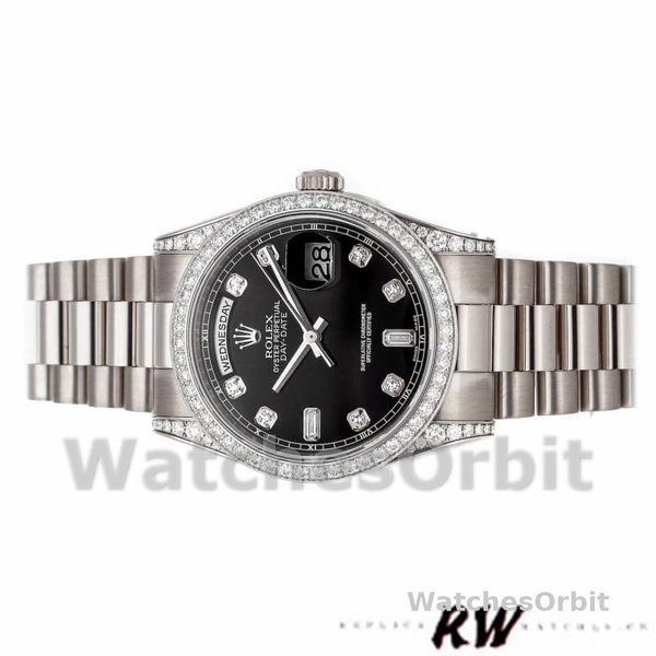 Replica Rolex Day-Date 36mm Unisex-118389-Witgoud-Zwarte Diamanten Wijzerplaat Zwart<br />