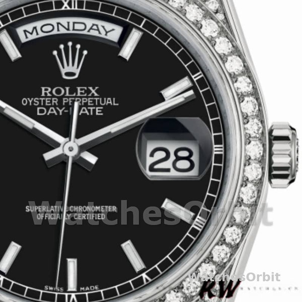 Replica Rolex Day-Date 36mm Unisex-118389-Dal quadrante in oro bianco con indici neri<br />