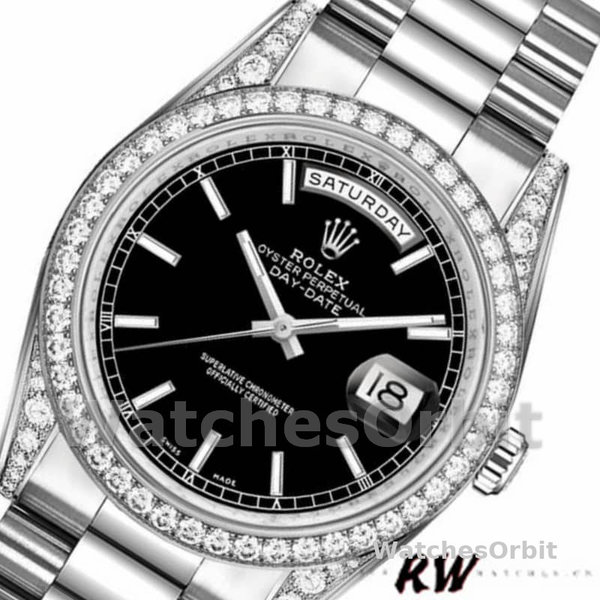 Replica Rolex Day-Date 36mm Unisex-118389-Dal quadrante in oro bianco con indici neri<br />