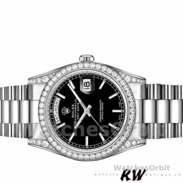Replica Rolex Day-Date 36mm Unisex-118389-Dal quadrante in oro bianco con indici neri<br />