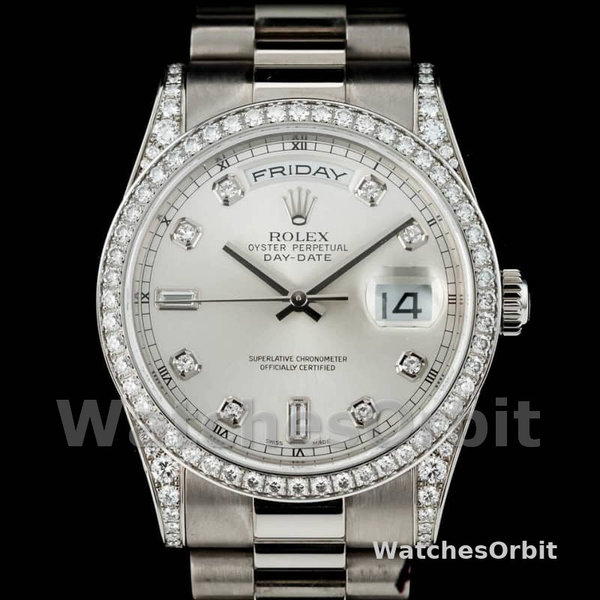 Replica Rolex Day-Date 36mm Unisex-118389-Wit goud-Zilver Diamond Dial Zilver