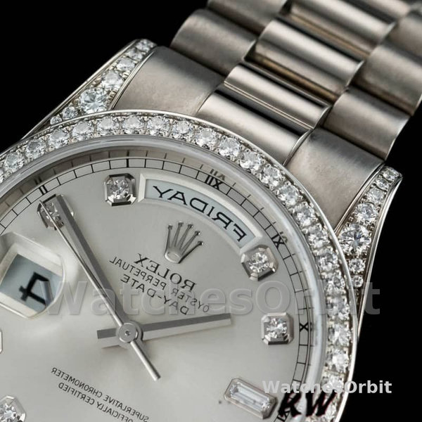 Replica Rolex Day-Date 36mm Unisex-118389-Wit goud-Zilver Diamond Dial Zilver