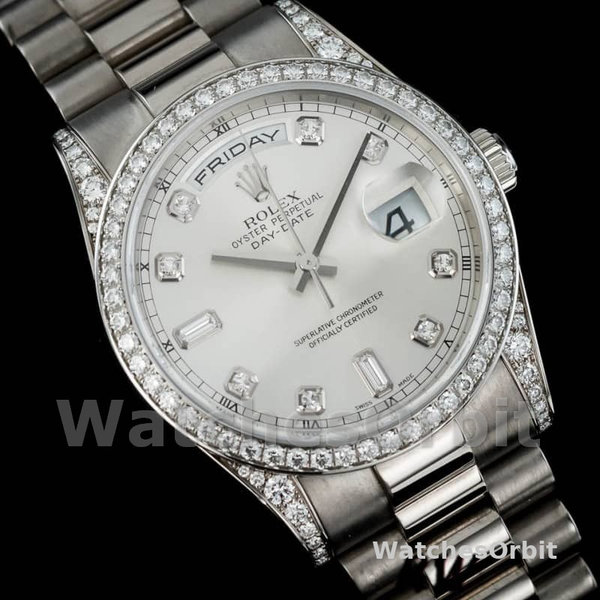 Replica Rolex Day-Date 36mm Unisex-118389-Wit goud-Zilver Diamond Dial Zilver