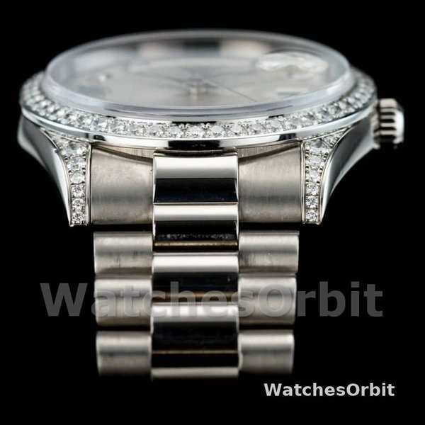 Replica Rolex Day-Date 36mm Unisex-118389-Wit goud-Zilver Diamond Dial Zilver