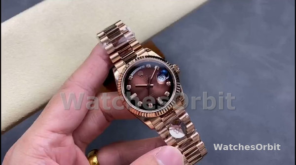 Replica Rolex Day-Date 36mm Unisex-128235-Everose Gold-Brown Ombre Diamond Dial Bruin