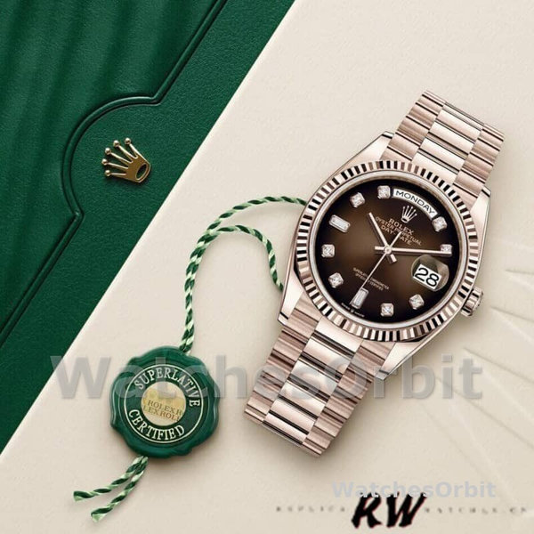 Replica Rolex Day-Date 36mm Unisex-128235-Everose Gold-Brown Ombre Diamond Dial Bruin