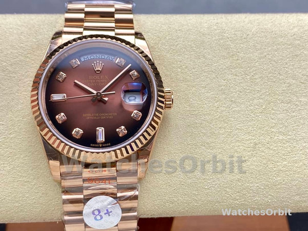 Replica Rolex Day-Date 36mm Unisex-128235-Everose Gold-Brown Ombre Diamond Dial Bruin