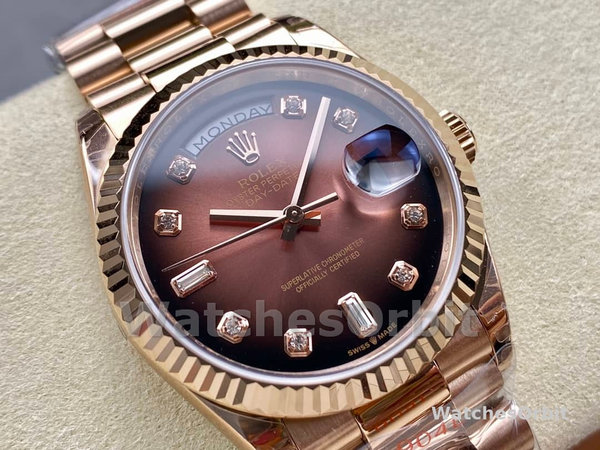 Replica Rolex Day-Date 36mm Unisex-128235-Everose Gold-Brown Ombre Diamond Dial Bruin