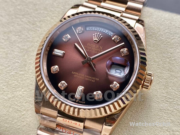 Replica Rolex Day-Date 36mm Unisex-128235-Everose Gold-Brown Ombre Diamond Dial Bruin