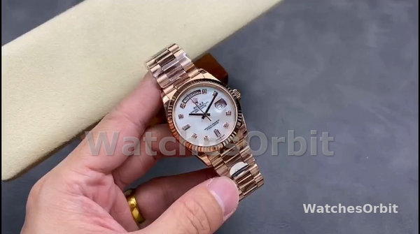 Replica Rolex Day-Date 36mm unisex-128235-Everose Goud-MOP Wijzerplaat MOP