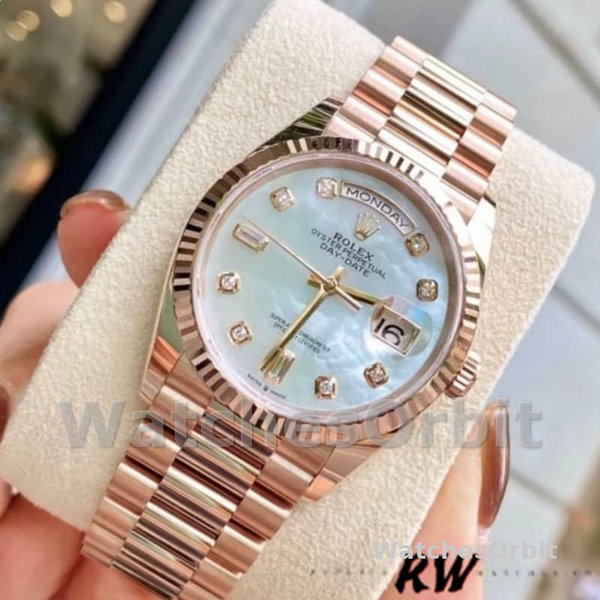 Replica Rolex Day-Date 36mm unisex-128235-Everose Goud-MOP Wijzerplaat MOP