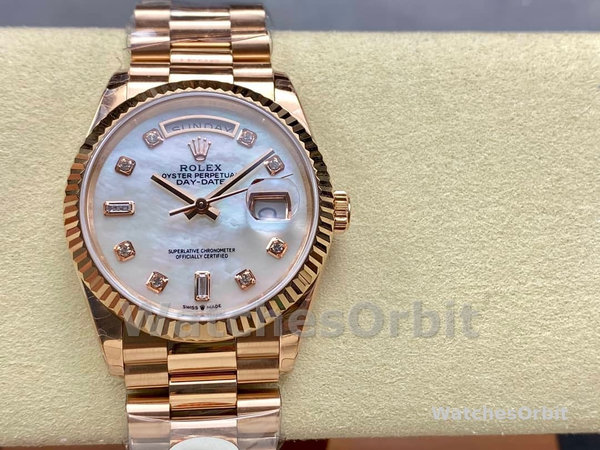 Replica Rolex Day-Date 36mm unisex-128235-Everose Goud-MOP Wijzerplaat MOP
