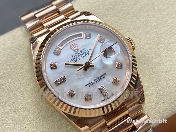 Replica Rolex Day-Date 36mm unisex-128235-Everose Goud-MOP Wijzerplaat MOP