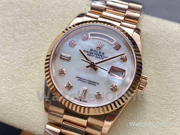 Replica Rolex Day-Date 36mm unisex-128235-Everose Goud-MOP Wijzerplaat MOP
