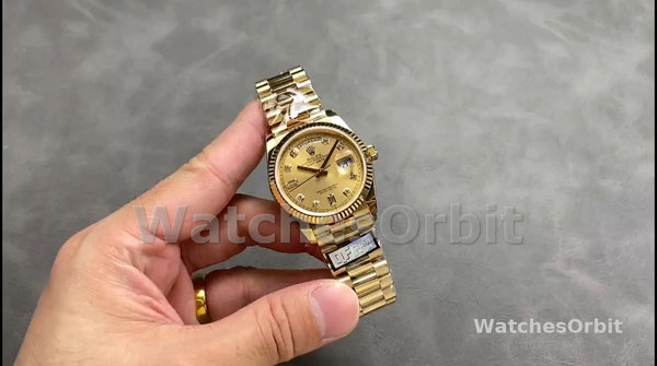 Replica Rolex Day-Date 36mm Unisex-128238 0008-Gefleerde lunette-Kampanje Diamanten Wijzerplaat Champagne