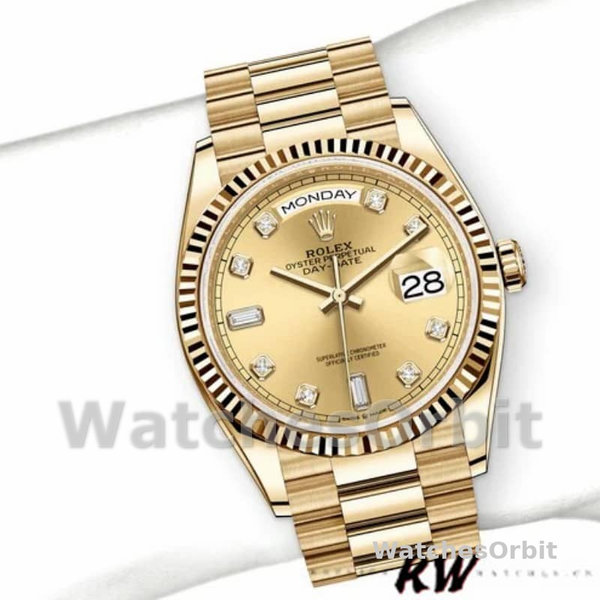Replica Rolex Day-Date 36mm Unisex-128238 0008-Gefleerde lunette-Kampanje Diamanten Wijzerplaat Champagne