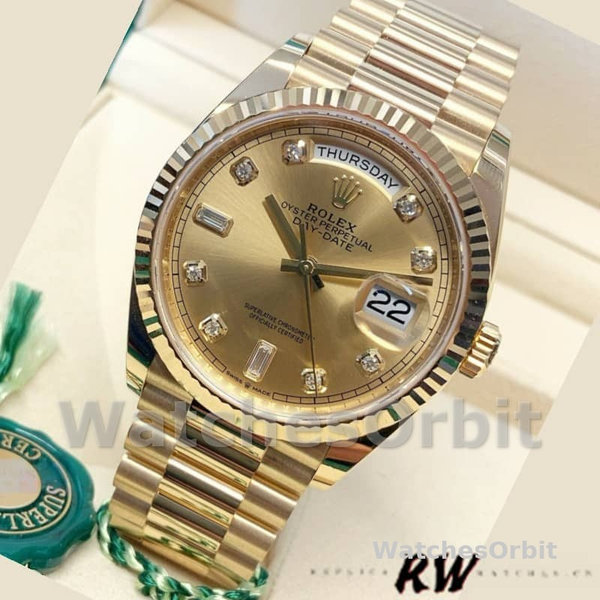 Replica Rolex Day-Date 36mm Unisex-128238 0008-Gefleerde lunette-Kampanje Diamanten Wijzerplaat Champagne