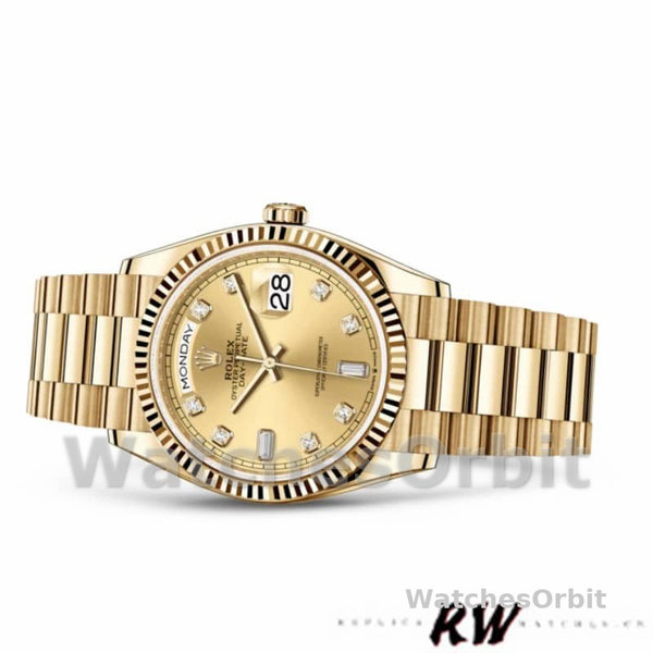 Replica Rolex Day-Date 36mm Unisex-128238 0008-Gefleerde lunette-Kampanje Diamanten Wijzerplaat Champagne