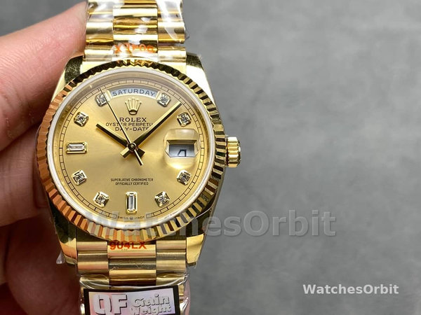 Replica Rolex Day-Date 36mm Unisex-128238 0008-Gefleerde lunette-Kampanje Diamanten Wijzerplaat Champagne