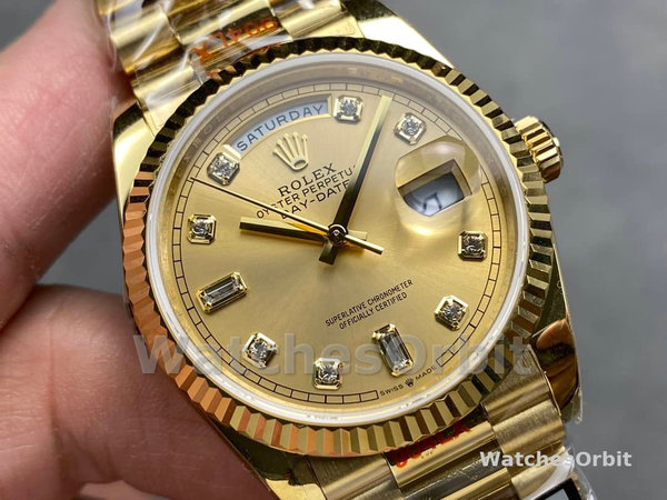 Replica Rolex Day-Date 36mm Unisex-128238 0008-Gefleerde lunette-Kampanje Diamanten Wijzerplaat Champagne