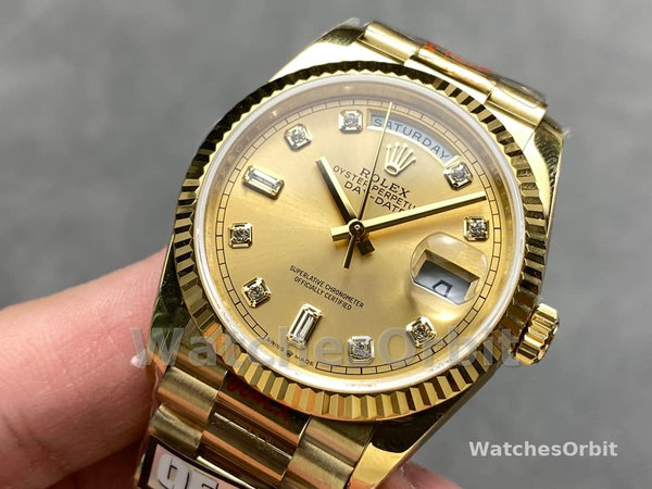 Replica Rolex Day-Date 36mm Unisex-128238 0008-Gefleerde lunette-Kampanje Diamanten Wijzerplaat Champagne