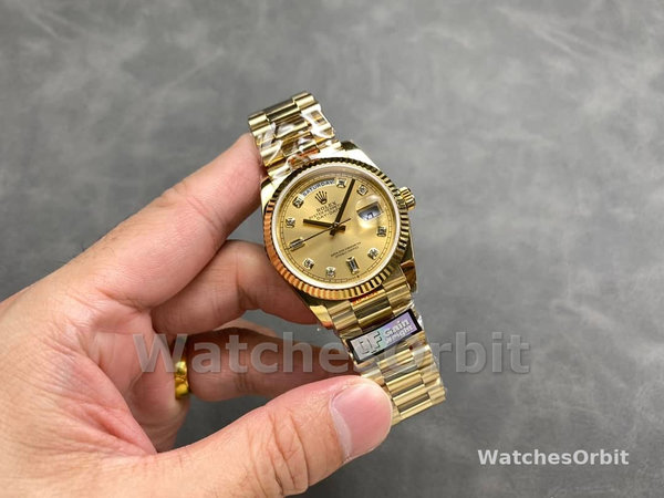 Replica Rolex Day-Date 36mm Unisex-128238 0008-Gefleerde lunette-Kampanje Diamanten Wijzerplaat Champagne