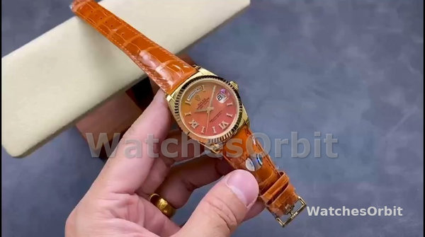 Replica Rolex Day-Date 36mm voor heren-128238 Geribbelde lunette-Karneool wijzerplaat