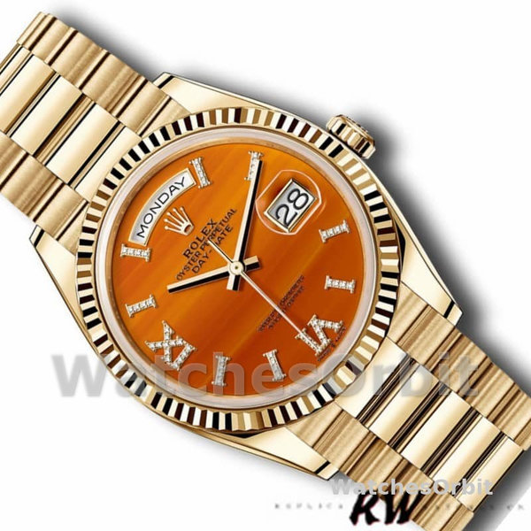 Replica Rolex Day-Date 36mm voor heren-128238 Geribbelde lunette-Karneool wijzerplaat