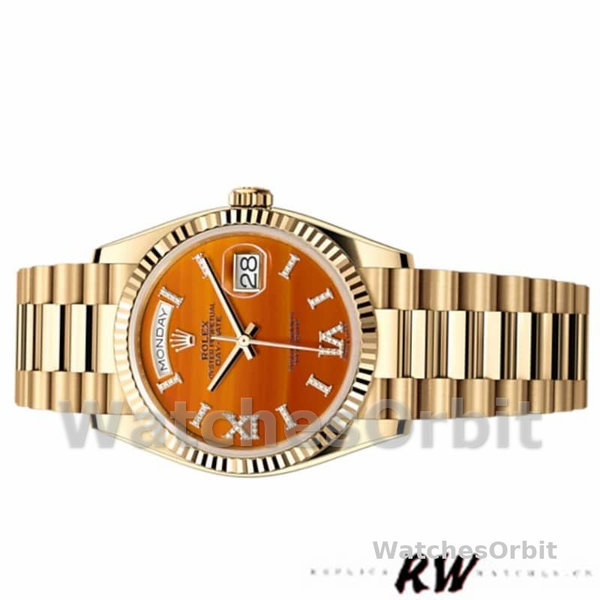 Replica Rolex Day-Date 36mm voor heren-128238 Geribbelde lunette-Karneool wijzerplaat