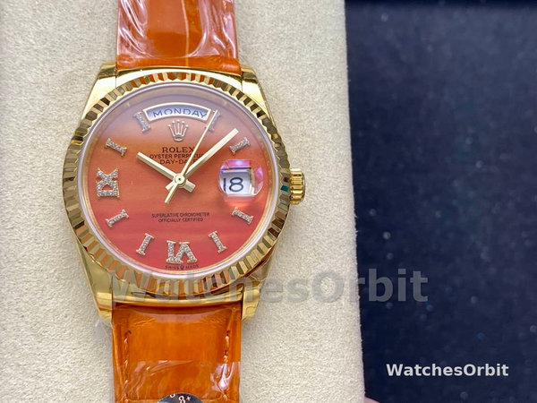 Replica Rolex Day-Date 36mm voor heren-128238 Geribbelde lunette-Karneool wijzerplaat