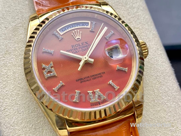 Replica Rolex Day-Date 36mm voor heren-128238 Geribbelde lunette-Karneool wijzerplaat