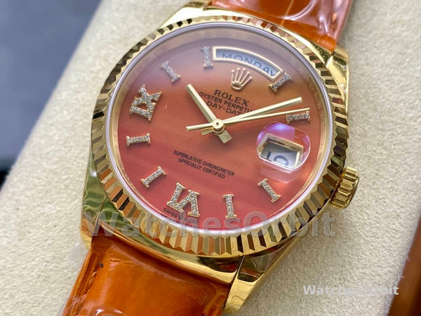 Replica Rolex Day-Date 36mm voor heren-128238 Geribbelde lunette-Karneool wijzerplaat
