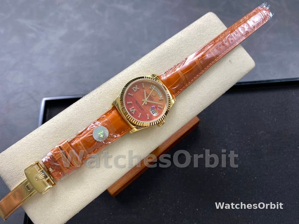 Replica Rolex Day-Date 36mm voor heren-128238 Geribbelde lunette-Karneool wijzerplaat