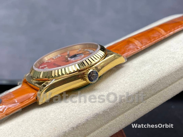 Replica Rolex Day-Date 36mm voor heren-128238 Geribbelde lunette-Karneool wijzerplaat