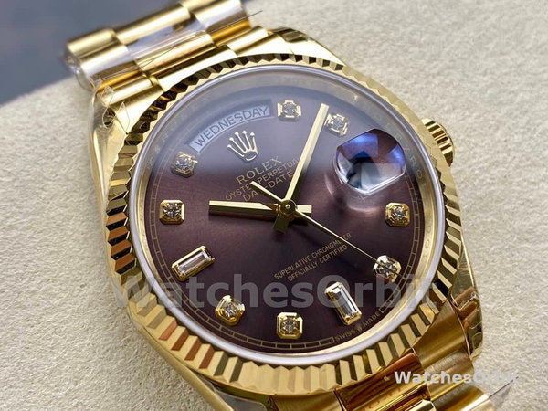 Replica Rolex Day-Date 36mm voor heren-128238 Geribbelde lunette-Donkergrijze wijzerplaat