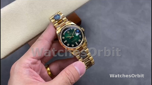 Replica Rolex Day-Date 36mm Unisex-128238-Gefleerde lunette-Groene diamanten wijzerplaat