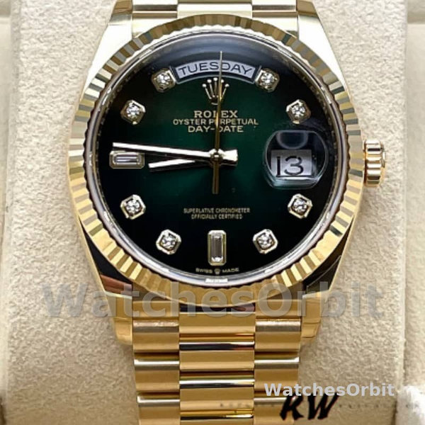 Replica Rolex Day-Date 36mm Unisex-128238-Gefleerde lunette-Groene diamanten wijzerplaat
