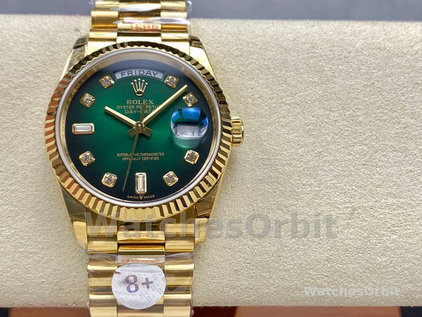 Replica Rolex Day-Date 36mm Unisex-128238-Gefleerde lunette-Groene diamanten wijzerplaat