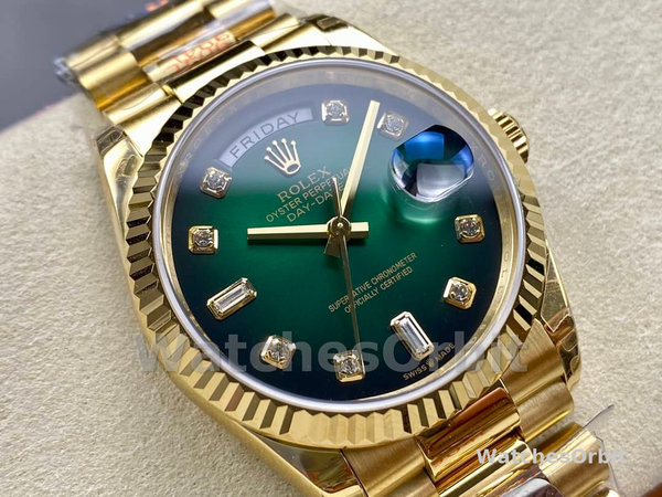 Replica Rolex Day-Date 36mm Unisex-128238-Gefleerde lunette-Groene diamanten wijzerplaat