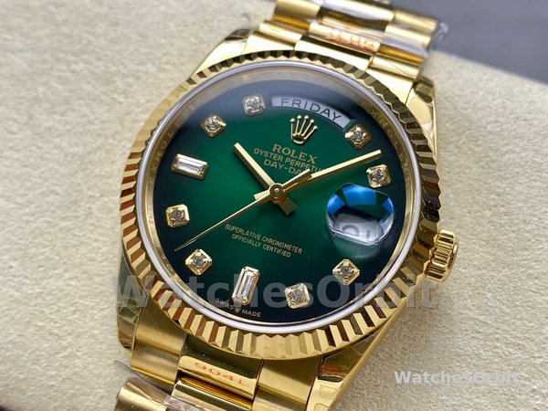 Replica Rolex Day-Date 36mm Unisex-128238-Gefleerde lunette-Groene diamanten wijzerplaat