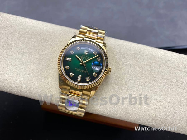 Replica Rolex Day-Date 36mm Unisex-128238-Gefleerde lunette-Groene diamanten wijzerplaat
