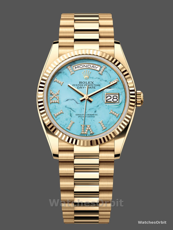 Rolex Day-Date 128238 Fluted Bezel Turquoise Diamond Dial 36MM Unisex Replica Watch