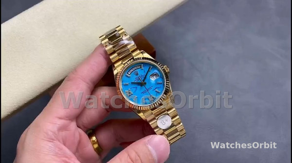 Replica Rolex Day-Date 36mm voor heren-128238 Geribbelde lunette-Turkoois Diamanten Wijzerplaat Turquoise