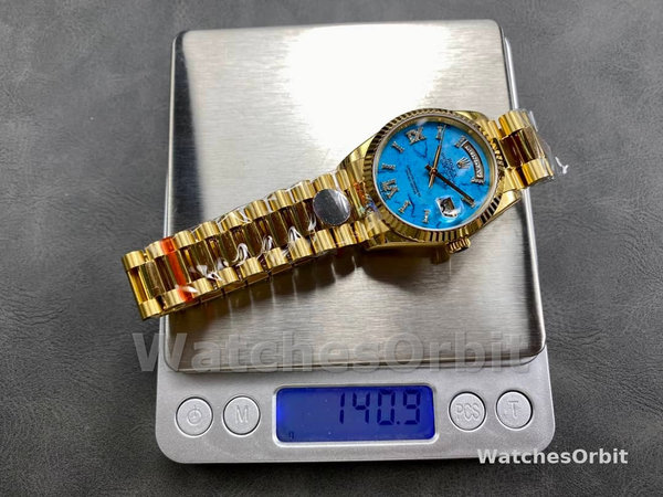 Replica Rolex Day-Date 36mm voor heren-128238 Geribbelde lunette-Turkoois Diamanten Wijzerplaat Turquoise