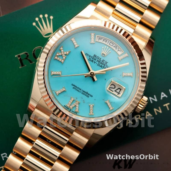 Replica Rolex Day-Date 36mm voor heren-128238 Geribbelde lunette-Turkoois Diamanten Wijzerplaat Turquoise