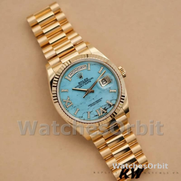 Replica Rolex Day-Date 36mm voor heren-128238 Geribbelde lunette-Turkoois Diamanten Wijzerplaat Turquoise
