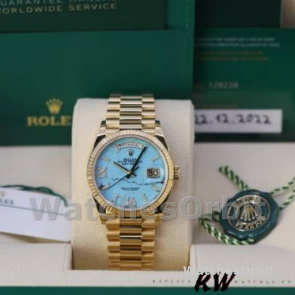 Replica Rolex Day-Date 36mm voor heren-128238 Geribbelde lunette-Turkoois Diamanten Wijzerplaat Turquoise